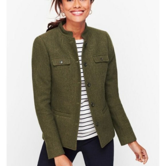 Talbots Jackets & Coats Talbot Petites Wool Blend Army Green Tweed Mock Collar Womens